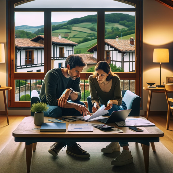 Una pareja de aproximadamente 33 años se encuentra en el salón de su casa en Álava, España, revisando juntos presupuestos y precios de un Seguro de Decesos. El salón está decorado de manera moderna y acogedora, con muebles contemporáneos y colores cálidos. En una mesa baja hay documentos y una laptop abierta mostrando una página de seguros. La pareja se muestra concentrada y colaborativa en la tarea. La ventana del salón muestra un paisaje típico de Álava, con colinas verdes y una arquitectura tradicional vasca en la distancia, sugiriendo la ubicación de la escena.