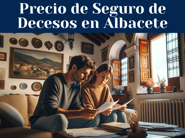 Una pareja de aproximadamente 33 años sentada en el salón de su casa, revisando papeles y presupuestos relacionados con el Seguro de Decesos. La escena se desarrolla en una casa típica de Albacete, España, con detalles que sugieran su ubicación como decoraciones o paisajes visibles a través de la ventana. La habitación está bien iluminada, creando una atmósfera acogedora y cálida. La pareja muestra expresiones de concentración y discusión serena mientras examinan los documentos.