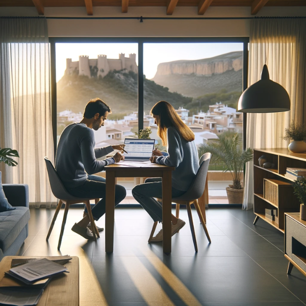 Una pareja de aproximadamente 33 años está en el salón de su casa, revisando documentos de presupuestos y precios para un Seguro de Decesos. El salón es moderno y acogedor, con muebles de estilo contemporáneo y una gran ventana que deja entrar mucha luz. A través de la ventana, se puede ver un paisaje que sugiere que viven en Alicante, España, tal vez una vista lejana del Castillo de Santa Bárbara o del mar Mediterráneo. La pareja parece concentrada en su tarea, con papeles y una laptop abierta frente a ellos en una mesa de centro.