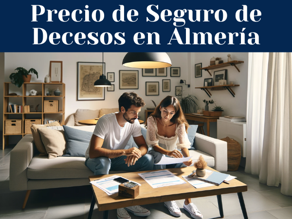 Imagen horizontal de un matrimonio joven, ambos de unos 33 años, sentados en el salón de su casa. El hombre y la mujer están revisando documentos, que incluyen presupuestos y precios de un Seguro de Decesos. La sala está decorada con estilo moderno y confortable, con elementos que sugieren que viven en Almería, España, como un pequeño mapa de Almería en la pared y un libro sobre la historia de Almería en la mesa de centro. La iluminación es clara y acogedora, creando una atmósfera tranquila y hogareña.