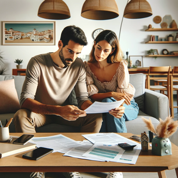 Imagen horizontal de un matrimonio joven, ambos de unos 33 años, sentados en el salón de su casa. El hombre y la mujer están revisando documentos, que incluyen presupuestos y precios de un Seguro de Decesos. La sala está decorada con estilo moderno y confortable, con elementos que sugieren que viven en Almería, España, como un pequeño mapa de Almería en la pared y un libro sobre la historia de Almería en la mesa de centro. La iluminación es clara y acogedora, creando una atmósfera tranquila y hogareña.