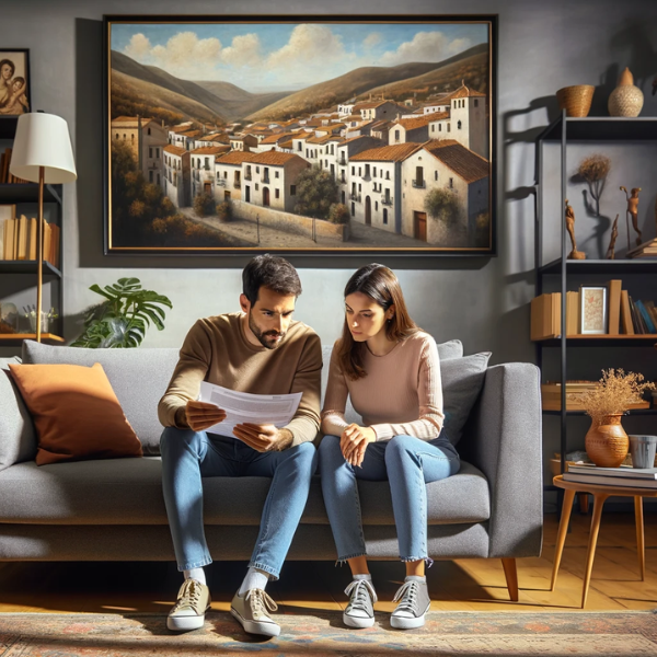 Una pareja de unos 33 años, hombre y mujer, sentados en el salón de su casa, revisando juntos documentos de presupuestos y precios para un Seguro de Decesos. El salón está bien iluminado y decorado de manera contemporánea, con un sofá cómodo, una mesa de centro y estanterías con libros y adornos. En la pared, hay un cuadro que insinúa paisajes típicos de Ávila, España, como las murallas de Ávila. La imagen es horizontal y no oscura, con una atmósfera cálida y hogareña.