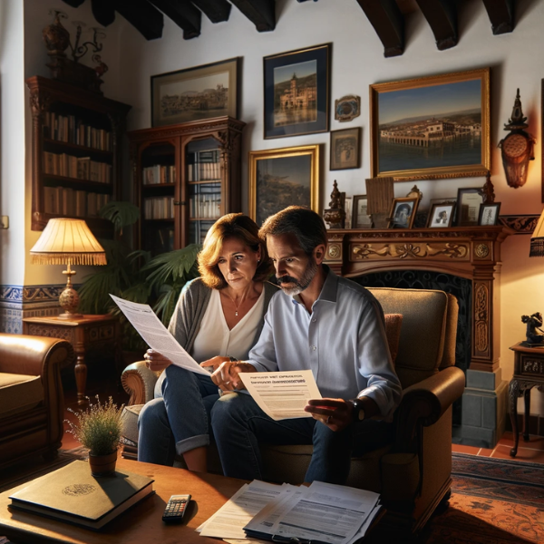 Una pareja de aproximadamente 33 años en el salón de su casa, revisando cuidadosamente documentos que parecen ser presupuestos y precios de un Seguro de Decesos. La sala está elegantemente decorada con un estilo típico español, con elementos que sugieren que viven en Badajoz, España, como un pequeño mapa de la región y fotografías de lugares icónicos de la ciudad en las paredes. La iluminación es cálida y acogedora, creando un ambiente hogareño y confortable. La pareja muestra una expresión de concentración mientras discuten los documentos.