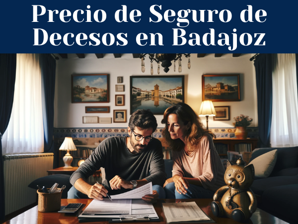 Una pareja de aproximadamente 33 años en el salón de su casa, revisando cuidadosamente documentos que parecen ser presupuestos y precios de un Seguro de Decesos. La sala está elegantemente decorada con un estilo típico español, con elementos que sugieren que viven en Badajoz, España, como un pequeño mapa de la región y fotografías de lugares icónicos de la ciudad en las paredes. La iluminación es cálida y acogedora, creando un ambiente hogareño y confortable. La pareja muestra una expresión de concentración mientras discuten los documentos.