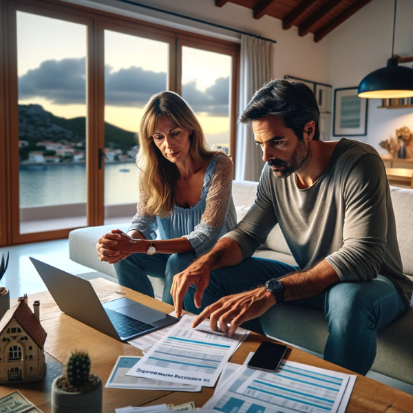 Una pareja de aproximadamente 33 años, sentada en el salón de su casa, revisando presupuestos y precios para un Seguro de Decesos. La habitación está bien iluminada, con decoración moderna y confortable. En el fondo, se ven ventanas amplias con vistas a un paisaje característico de las Islas Baleares, España, como el mar Mediterráneo y costas rocosas. La pareja muestra expresiones serias y concentradas mientras observan documentos y una computadora portátil. La escena transmite una sensación de tranquilidad y responsabilidad.