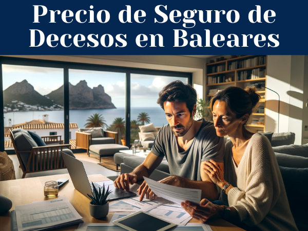 Una pareja de aproximadamente 33 años, sentada en el salón de su casa, revisando presupuestos y precios para un Seguro de Decesos. La habitación está bien iluminada, con decoración moderna y confortable. En el fondo, se ven ventanas amplias con vistas a un paisaje característico de las Islas Baleares, España, como el mar Mediterráneo y costas rocosas. La pareja muestra expresiones serias y concentradas mientras observan documentos y una computadora portátil. La escena transmite una sensación de tranquilidad y responsabilidad.