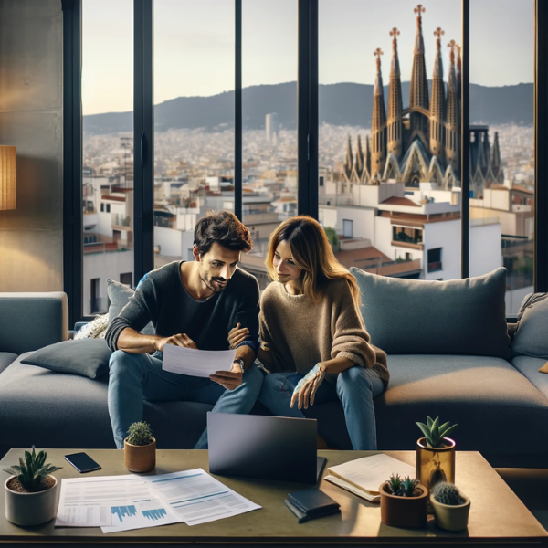 Una pareja de 33 años en el salón de su casa, revisando presupuestos y precios del Seguro de Decesos. La pareja está sentada en un sofá moderno, con papeles y una laptop abierta frente a ellos. El salón es cómodo y bien decorado, con una gran ventana que muestra una vista sutil de Barcelona, España, incluyendo la silueta de la Sagrada Familia en la distancia. Hay una mesa de café frente a ellos con más papeles y una taza de café. La iluminación es cálida y acogedora, creando un ambiente hogareño y confortable.