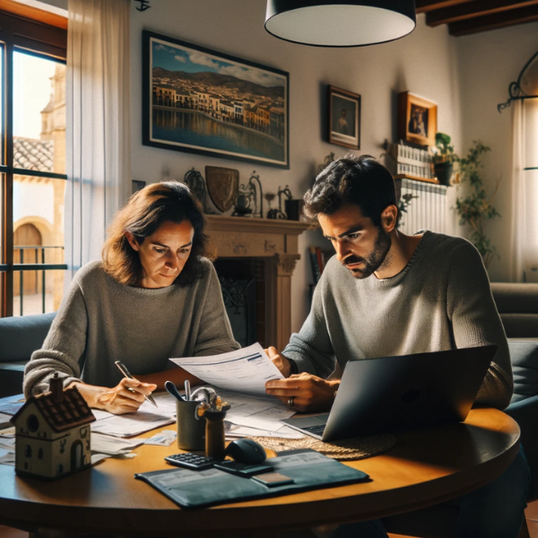 Un matrimonio de unos 33 años, sentados en el salón de su casa, revisando cuidadosamente presupuestos y precios de Seguro de Decesos en una mesa. El salón está bien iluminado y decorado con un estilo moderno y acogedor, con elementos que sugieran que viven en Cáceres, España, como un pequeño mapa de la ciudad en la pared, y una fotografía de la Plaza Mayor de Cáceres en un marco. La pareja parece concentrada y compenetrada en la tarea, con papeles y una laptop sobre la mesa. La atmósfera es serena y hogareña.