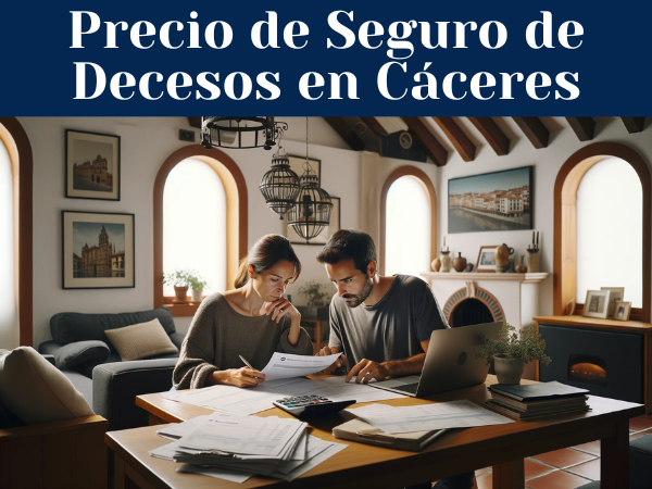 Un matrimonio de unos 33 años, sentados en el salón de su casa, revisando cuidadosamente presupuestos y precios de Seguro de Decesos en una mesa. El salón está bien iluminado y decorado con un estilo moderno y acogedor, con elementos que sugieran que viven en Cáceres, España, como un pequeño mapa de la ciudad en la pared, y una fotografía de la Plaza Mayor de Cáceres en un marco. La pareja parece concentrada y compenetrada en la tarea, con papeles y una laptop sobre la mesa. La atmósfera es serena y hogareña.