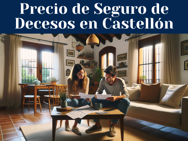 Imagen horizontal y bien iluminada de una pareja, ambos de unos 33 años, sentados en el salón de su casa. Están revisando los documentos del seguro de decesos, con presupuestos y precios visibles. La habitación tiene un estilo mediterráneo, lo que sugiere que viven en Castellón, España. El interior incluye elementos típicos de las casas españolas, como baldosas de terracota, una mesa de centro de madera y grandes ventanales con cortinas transparentes. La pareja aparece concentrada y enfrascada en una conversación, con papeles extendidos delante de ellos.