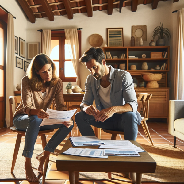 Imagen horizontal y bien iluminada de una pareja, ambos de unos 33 años, sentados en el salón de su casa. Están revisando los documentos del seguro de decesos, con presupuestos y precios visibles. La habitación tiene un estilo mediterráneo, lo que sugiere que viven en Castellón, España. El interior incluye elementos típicos de las casas españolas, como baldosas de terracota, una mesa de centro de madera y grandes ventanales con cortinas transparentes. La pareja aparece concentrada y enfrascada en una conversación, con papeles extendidos delante de ellos.