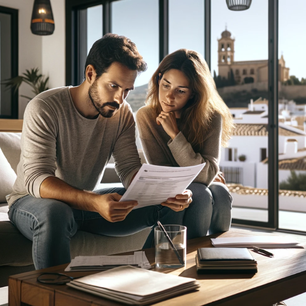 Una pareja de aproximadamente 33 años sentada en el salón de su casa, revisando juntos presupuestos y precios de un Seguro de Decesos. El salón está bien decorado, con un estilo moderno y cómodo. En el fondo, se ve una ventana abierta que muestra una vista sutil de Ceuta, reconocible por sus características geográficas y edificios, aunque no de manera demasiado obvia. La iluminación es natural y suave, proveniente de la ventana, creando un ambiente sereno y hogareño. La pareja muestra expresiones de concentración y seriedad mientras revisa los documentos.