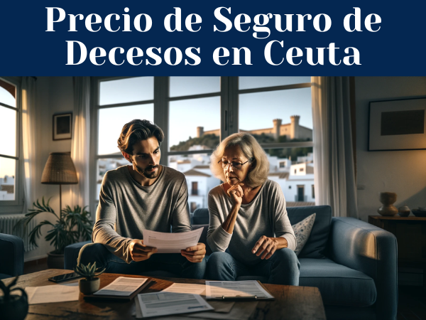 Una pareja de aproximadamente 33 años sentada en el salón de su casa, revisando juntos presupuestos y precios de un Seguro de Decesos. El salón está bien decorado, con un estilo moderno y cómodo. En el fondo, se ve una ventana abierta que muestra una vista sutil de Ceuta, reconocible por sus características geográficas y edificios, aunque no de manera demasiado obvia. La iluminación es natural y suave, proveniente de la ventana, creando un ambiente sereno y hogareño. La pareja muestra expresiones de concentración y seriedad mientras revisa los documentos.