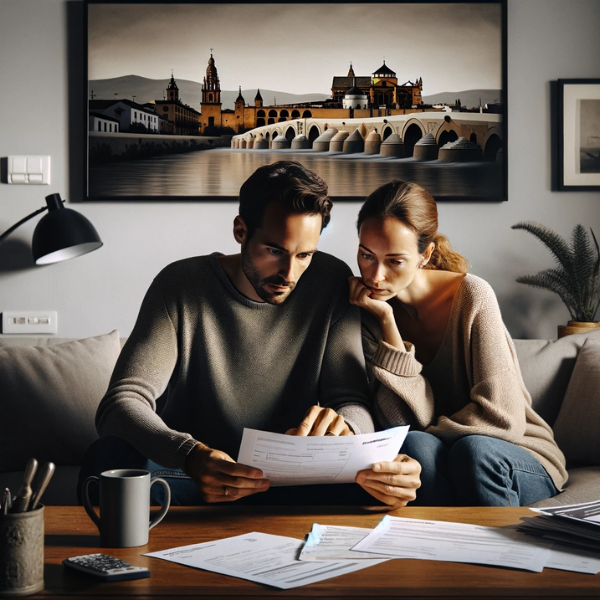 Una pareja de alrededor de 33 años sentada en el salón de su casa, revisando papeles y documentos que sugieren ser presupuestos y precios de un Seguro de Decesos. El salón está bien iluminado, decorado con estilo moderno y cómodo. En la pared, hay una fotografía o un cuadro que muestra un paisaje reconocible de Córdoba, España, como la Mezquita-Catedral o el Puente Romano, sugiriendo sutilmente su ubicación. La pareja muestra una expresión de concentración y discusión seria pero tranquila.