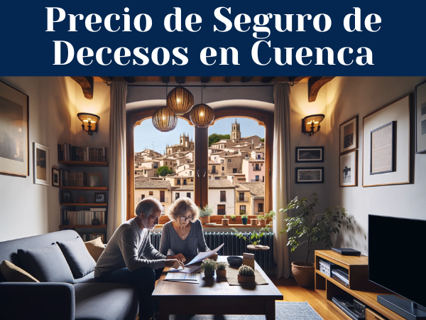 Un matrimonio de aproximadamente 33 años en el salón de su casa, revisando cuidadosamente presupuestos y precios del Seguro de Decesos sobre una mesa. El salón es luminoso y moderno, con decoración típica española. La ventana del salón ofrece una vista parcial de la arquitectura icónica de Cuenca, España, con sus casas colgadas características, para insinuar sutilmente la ubicación. El ambiente es acogedor y familiar, con elementos de decoración hogareña como plantas y fotos familiares.