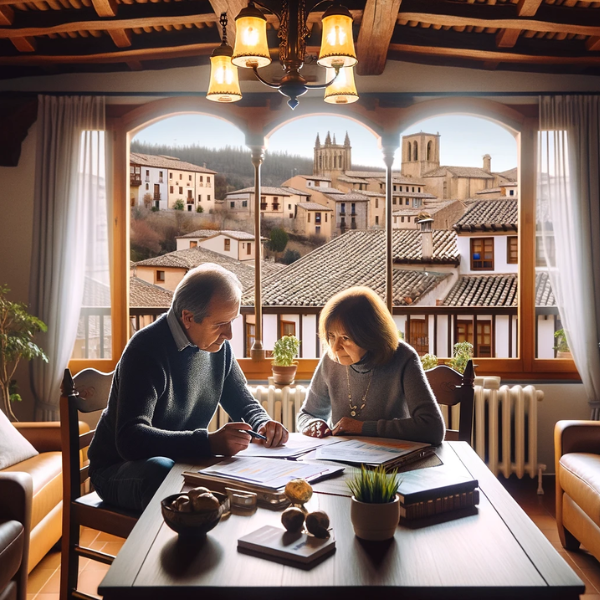 Un matrimonio de aproximadamente 33 años en el salón de su casa, revisando cuidadosamente presupuestos y precios del Seguro de Decesos sobre una mesa. El salón es luminoso y moderno, con decoración típica española. La ventana del salón ofrece una vista parcial de la arquitectura icónica de Cuenca, España, con sus casas colgadas características, para insinuar sutilmente la ubicación. El ambiente es acogedor y familiar, con elementos de decoración hogareña como plantas y fotos familiares.