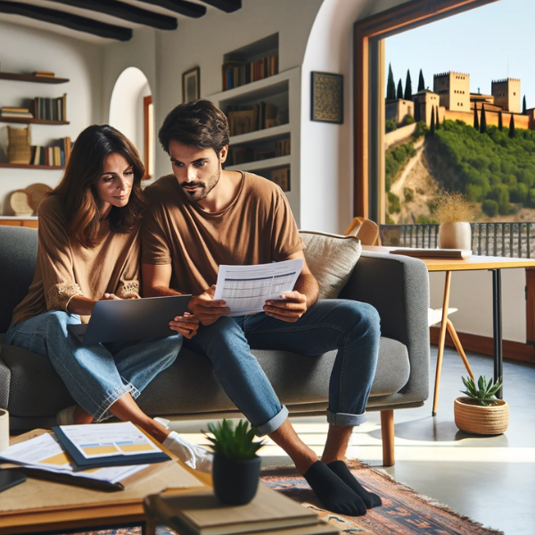 Una pareja de unos 33 años, vestida de forma casual, está sentada en el sofá de su salón en una casa moderna. Están revisando papeles y una laptop que muestra presupuestos y precios del Seguro de Decesos. El salón está bien iluminado y decorado con estilo contemporáneo, con plantas y libros. En el fondo, a través de una ventana grande, se puede ver una vista lejana de la Alhambra en Granada, España, insinuando su ubicación. La atmósfera es tranquila y concentrada.