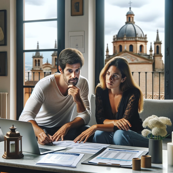 Imagen horizontal de una pareja de 33 años sentada en el salón de su casa, revisando presupuestos y precios de seguros funerarios. La pareja aparece concentrada y seria, sentada ante una mesa cubierta con varios documentos y un ordenador portátil abierto a una página web de seguros. El salón es moderno y está decorado con gusto, con una gran ventana que ofrece una vista de un monumento reconocible de Guadalajara, España, como el Alcázar o la Catedral de Guadalajara, sugiriendo sutilmente la ubicación. La iluminación de la sala es natural y brillante, pero no demasiado intensa, lo que crea un ambiente cómodo y realista.