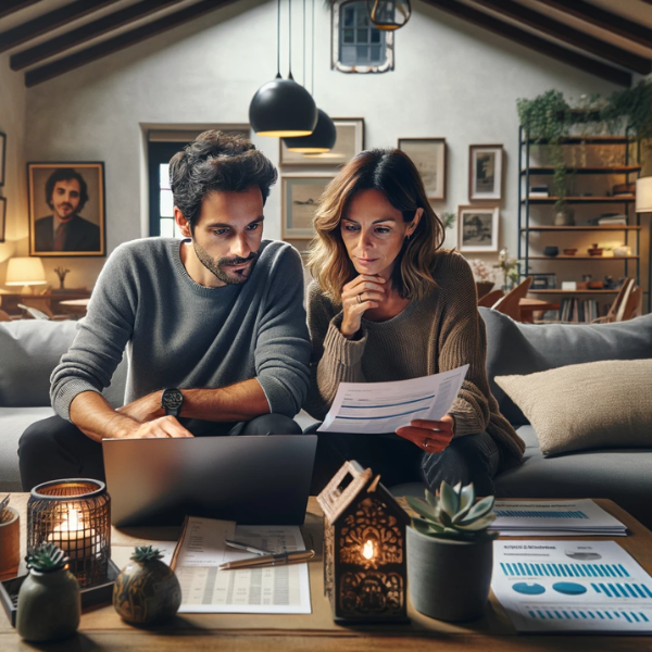 Una pareja de unos 33 años está sentada en el salón de su casa, revisando juntos presupuestos y precios de un Seguro de Decesos. El salón está decorado con un estilo moderno y acogedor, con muebles contemporáneos y una gran ventana que deja entrar luz natural. La pareja muestra una expresión seria y concentrada mientras mira documentos y una computadora portátil. En el fondo, se pueden ver elementos decorativos sutiles que insinúan que viven en Guipúzcoa, como una fotografía de paisajes locales o un pequeño detalle en la decoración que remite a la cultura vasca. La imagen tiene una iluminación equilibrada, creando un ambiente hogareño y realista.