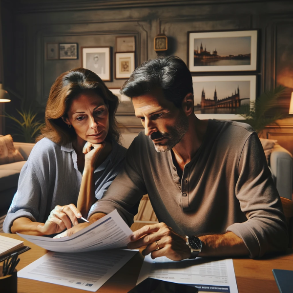 Una pareja de aproximadamente 33 años se encuentra sentada en el salón de su casa, revisando documentos juntos. Están mirando presupuestos y precios de un Seguro de Decesos. El salón está decorado de manera contemporánea, con muebles modernos y cómodos. Hay detalles sutiles que sugieren que viven en Huelva, como una fotografía de la Ría Tinto en la pared y un pequeño modelo de la estatua de Cristóbal Colón en una estantería. La iluminación es cálida pero no muy oscura, creando un ambiente acogedor.