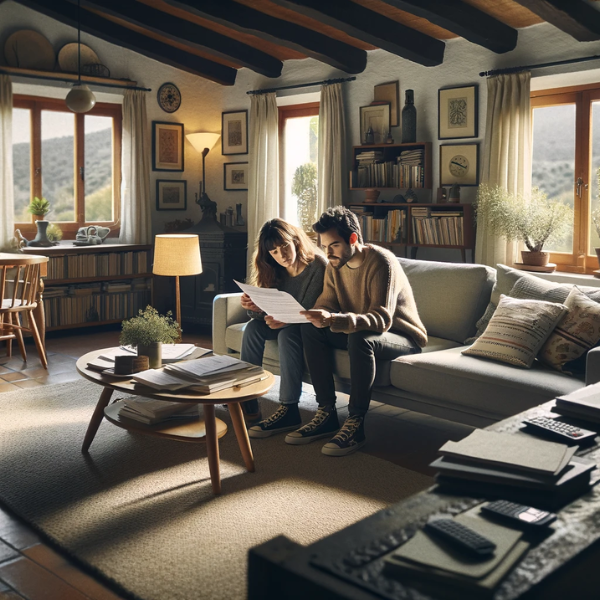 Una pareja de 33 años está sentada en el salón de su casa, revisando documentos con presupuestos y precios de un Seguro de Decesos. El salón está decorado con estilo moderno, con un sofá cómodo, una mesa de café y estantes con libros y decoraciones. La luz del día entra por una gran ventana, iluminando la habitación con tonos cálidos y acogedores. En la pared, hay un cuadro que muestra un paisaje característico de Huesca, como las montañas de los Pirineos o la arquitectura típica de la región, sugiriendo que viven allí.