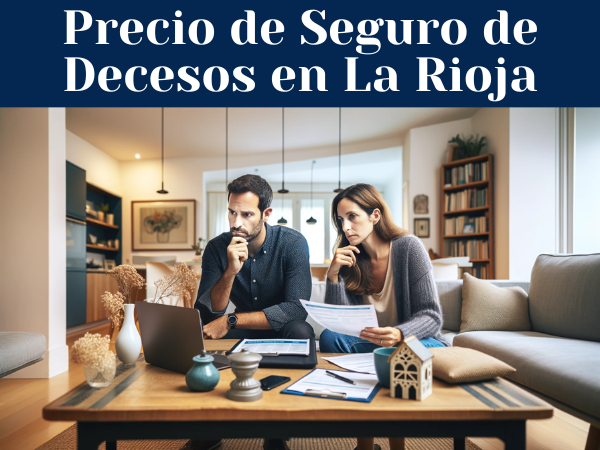 Una pareja de 33 años en el salón de su casa, revisando concienzudamente presupuestos y precios de seguros funerarios. Están sentados juntos ante una mesa, rodeados de papeles y un ordenador portátil. La habitación refleja un diseño cómodo y moderno con toques de decoración española, lo que sugiere que viven en La Rioja. La habitación está bien iluminada, pero no demasiado, lo que crea un ambiente tranquilo y concentrado. La imagen tiene una disposición horizontal, que capta la esencia de una casa típica de La Rioja, España.