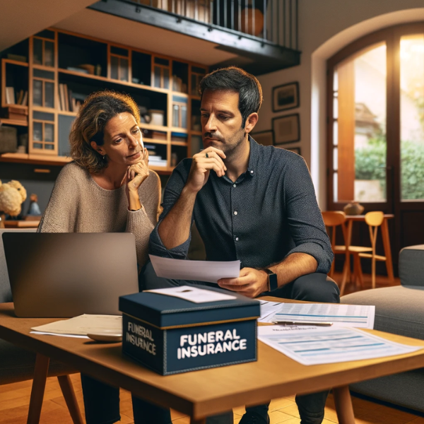 Una pareja de 33 años en el salón de su casa, revisando concienzudamente presupuestos y precios de seguros funerarios. Están sentados juntos ante una mesa, rodeados de papeles y un ordenador portátil. La habitación refleja un diseño cómodo y moderno con toques de decoración española, lo que sugiere que viven en La Rioja. La habitación está bien iluminada, pero no demasiado, lo que crea un ambiente tranquilo y concentrado. La imagen tiene una disposición horizontal, que capta la esencia de una casa típica de La Rioja, España.