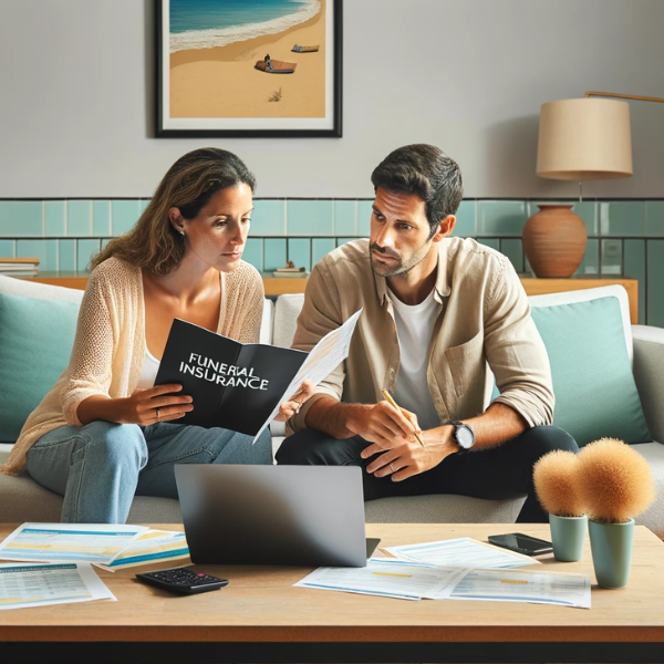 Imagen horizontal de una pareja, de unos 33 años, sentada en el salón de su casa, revisando presupuestos y precios de seguros de decesos. La habitación debe tener un ambiente luminoso y confortable, con una mesa de centro en la que se ven documentos y un ordenador portátil. La pareja parece concentrada y en plena discusión. La decoración debe sugerir que viven en Las Palmas, España, con elementos como una foto enmarcada de la playa de Las Canteras, una pequeña palmera canaria y elementos típicos del interiorismo español como baldosas de terracota y colores vivos y cálidos.