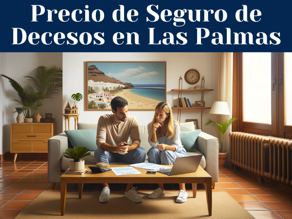 Imagen horizontal de una pareja, de unos 33 años, sentada en el salón de su casa, revisando presupuestos y precios de seguros de decesos. La habitación debe tener un ambiente luminoso y confortable, con una mesa de centro en la que se ven documentos y un ordenador portátil. La pareja parece concentrada y en plena discusión. La decoración debe sugerir que viven en Las Palmas, España, con elementos como una foto enmarcada de la playa de Las Canteras, una pequeña palmera canaria y elementos típicos del interiorismo español como baldosas de terracota y colores vivos y cálidos.