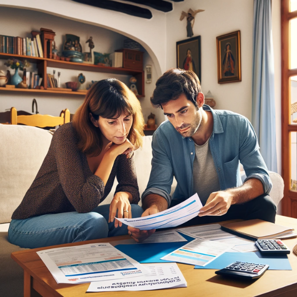 Un matrimonio de unos 33 años está sentado en el salón de su casa en Lérida, España. Están examinando documentos, presupuestos y precios de un seguro de decesos. La habitación está decorada al típico estilo español, con colores vivos y cálidos. La pareja parece concentrada y concentrada en su tarea, con los papeles extendidos en una mesita de café frente a ellos. La ventana del fondo deja entrever el característico paisaje de Lérida, con su arquitectura singular y su clima soleado, que sugiere su ubicación. La imagen está bien iluminada y es acogedora.