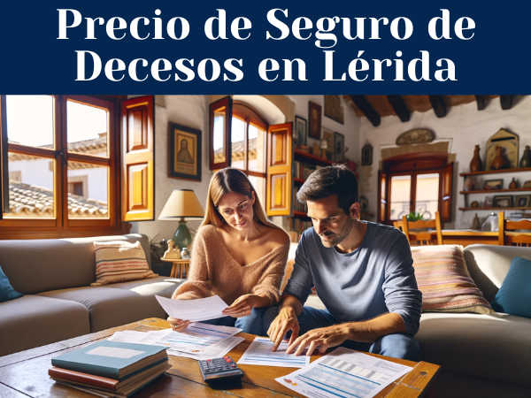 Un matrimonio de unos 33 años está sentado en el salón de su casa en Lérida, España. Están examinando documentos, presupuestos y precios de un seguro de decesos. La habitación está decorada al típico estilo español, con colores vivos y cálidos. La pareja parece concentrada y concentrada en su tarea, con los papeles extendidos en una mesita de café frente a ellos. La ventana del fondo deja entrever el característico paisaje de Lérida, con su arquitectura singular y su clima soleado, que sugiere su ubicación. La imagen está bien iluminada y es acogedora.