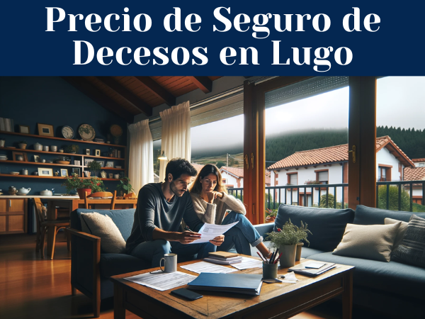 Una pareja de aproximadamente 33 años en el salón de su casa, revisando papeles y presupuestos de un Seguro de Decesos. Están sentados en un sofá cómodo, con una mesa de café delante, llena de documentos. El salón está decorado en un estilo moderno y acogedor, con colores claros y plantas de interior. A través de una ventana grande se ve un paisaje que sugiere que viven en Lugo, España, con edificios característicos de la región y un cielo parcialmente nublado. La iluminación es natural y la habitación no es oscura.