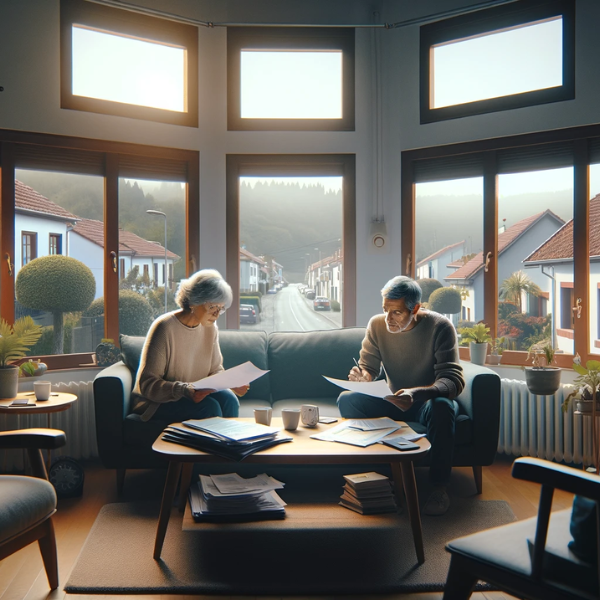 Una pareja de aproximadamente 33 años en el salón de su casa, revisando papeles y presupuestos de un Seguro de Decesos. Están sentados en un sofá cómodo, con una mesa de café delante, llena de documentos. El salón está decorado en un estilo moderno y acogedor, con colores claros y plantas de interior. A través de una ventana grande se ve un paisaje que sugiere que viven en Lugo, España, con edificios característicos de la región y un cielo parcialmente nublado. La iluminación es natural y la habitación no es oscura.