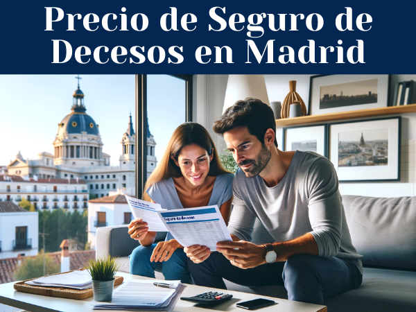 Una pareja de unos 33 años, en el salón de su casa, examinando documentos relacionados con los precios y presupuestos del 'Seguro de Decesos'. La habitación refleja un estilo contemporáneo de Madrid, España, con una vista de lugares emblemáticos de Madrid visibles a través de la ventana. La pareja aparece concentrada y concentrada en su tarea. La imagen es luminosa y acogedora, y capta un momento de la vida cotidiana en un hogar español.