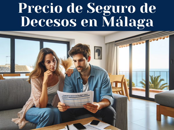 Un matrimonio, de unos 33 años, sentado en el salón de su casa, revisa los presupuestos y precios del seguro de decesos. Visten de manera informal y expresan una mezcla de concentración y preocupación mientras discuten los documentos. La habitación tiene un diseño español moderno y acogedor, indicativo de una casa en Málaga, España. Los grandes ventanales del fondo revelan un paisaje mediterráneo soleado y costero, con toques de palmeras y una vista lejana del mar. La habitación está bien iluminada con luz natural, lo que crea un ambiente cálido y acogedor.