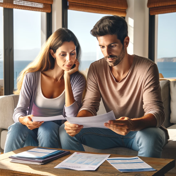 Un matrimonio, de unos 33 años, sentado en el salón de su casa, revisa los presupuestos y precios del seguro de decesos. Visten de manera informal y expresan una mezcla de concentración y preocupación mientras discuten los documentos. La habitación tiene un diseño español moderno y acogedor, indicativo de una casa en Málaga, España. Los grandes ventanales del fondo revelan un paisaje mediterráneo soleado y costero, con toques de palmeras y una vista lejana del mar. La habitación está bien iluminada con luz natural, lo que crea un ambiente cálido y acogedor.