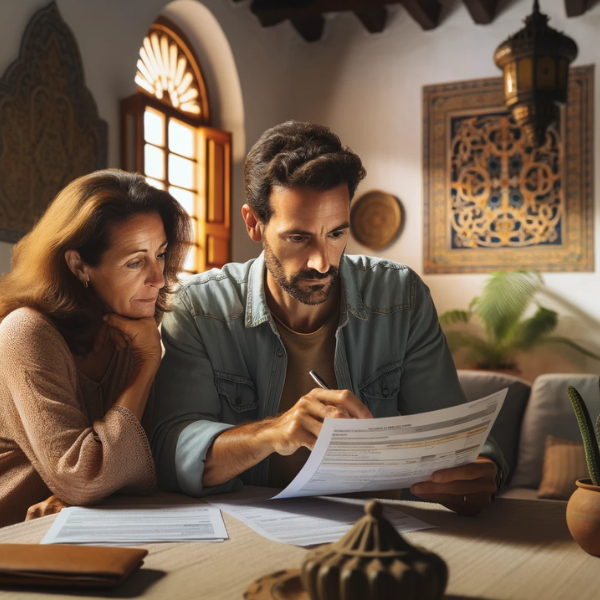 Una imagen horizontal de una pareja de unos 33 años en el salón de su casa, revisando documentos de presupuestos y precios para un Seguro de Decesos. El salón está decorado con elementos típicos de una casa en Melilla, España, con decoración mediterránea y detalles marroquís. La pareja muestra expresiones de concentración y discusión seria. La iluminación es cálida y acogedora, pero no demasiado oscura. El ambiente debe ser de una tarde tranquila en casa.