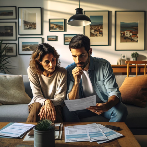 Una pareja de alrededor de 33 años sentada en el salón de su casa, revisando documentos que parecen ser presupuestos y precios para un Seguro de Decesos. El salón está decorado de manera contemporánea y acogedora, con muebles modernos y detalles que sugieren que viven en Murcia, España, como un pequeño mapa de la región y fotografías típicas del lugar en las paredes. La pareja muestra una expresión seria y concentrada. La iluminación es clara y cálida, creando una atmósfera hogareña y relajada. La imagen es horizontal y no oscura.