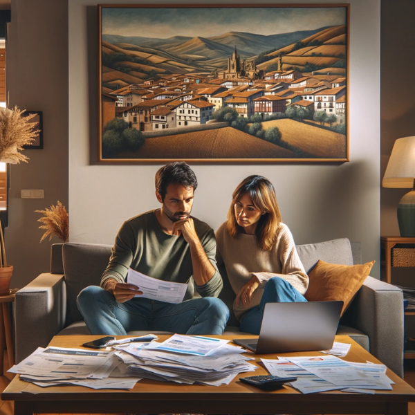 Una pareja de 33 años sentada en el salón de su casa, revisando presupuestos y precios de un Seguro de Decesos. Están sentados en un sofá cómodo, con papeles y una laptop frente a ellos. La habitación es acogedora y bien iluminada, con decoración moderna. En la pared, hay una pintura que sugiere paisajes de Navarra, España, como las Bardenas Reales o los Pirineos. La ventana del salón muestra un paisaje típico de Navarra. La escena transmite una atmósfera tranquila y hogareña.