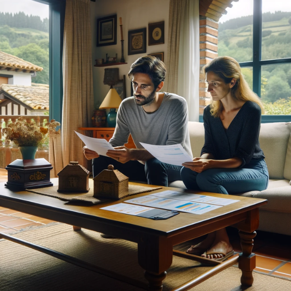 Una pareja, ambos de unos 33 años, sentados en el salón de su casa, examinando documentos relacionados con presupuestos y precios de seguros funerarios. La habitación debe tener un ambiente luminoso y acogedor, típico de una casa de Ourense, España. La decoración incluye elementos tradicionales españoles, como un suelo de terracota, una mesa de centro de madera y cómodos sofás. A través de una ventana, se vislumbra el característico paisaje gallego, con una exuberante vegetación y un atisbo del río Miño, lo que sugiere que el lugar es Ourense. La pareja parece concentrada y concentrada en su conversación.