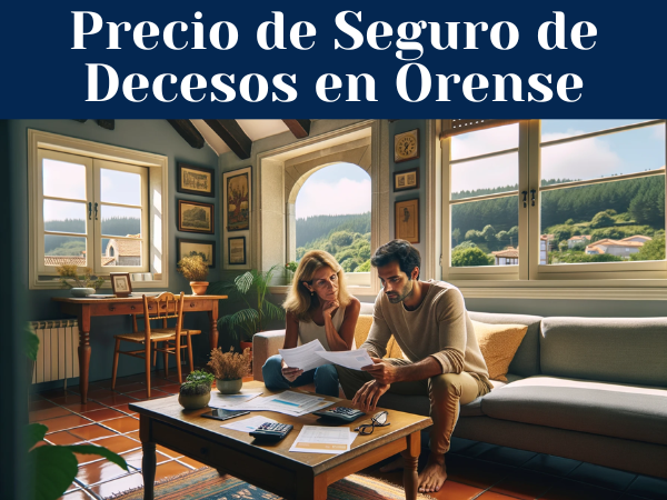 Una pareja, ambos de unos 33 años, sentados en el salón de su casa, examinando documentos relacionados con presupuestos y precios de seguros funerarios. La habitación debe tener un ambiente luminoso y acogedor, típico de una casa de Ourense, España. La decoración incluye elementos tradicionales españoles, como un suelo de terracota, una mesa de centro de madera y cómodos sofás. A través de una ventana, se vislumbra el característico paisaje gallego, con una exuberante vegetación y un atisbo del río Miño, lo que sugiere que el lugar es Ourense. La pareja parece concentrada y concentrada en su conversación.