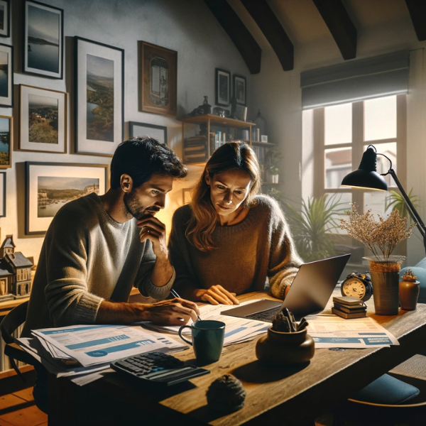 Una pareja de alrededor de 33 años está sentada en el salón de su casa, revisando papeles y un ordenador portátil en una mesa de café. Están analizando presupuestos y precios para un Seguro de Decesos. La habitación está decorada con un estilo moderno y acogedor, con detalles que sugieren una vida en Pontevedra, como fotografías de paisajes locales y un mapa de la ciudad en la pared. La iluminación es cálida y suave, creando un ambiente relajado pero concentrado. La imagen es horizontal y no muy oscura.