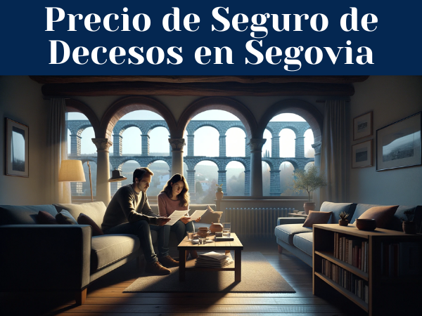 Una pareja de unos 33 años sentada en el salón de su casa, revisando documentos que parecen ser presupuestos y precios del Seguro de Decesos. La sala está decorada de manera acogedora, con un sofá cómodo, una mesa de centro y estanterías con libros. A través de la ventana, se ve una vista lejana del acueducto de Segovia, insinuando que viven en esta ciudad. La iluminación es suave y cálida, proporcionando un ambiente tranquilo y sereno. La imagen debe ser horizontal y no muy oscura.