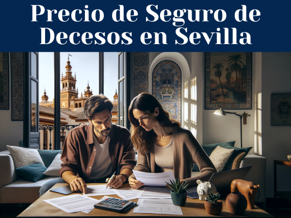 Una pareja de unos 33 años, vestidos de forma casual y moderna, está sentada en el salón de su casa, que muestra una decoración moderna y cálida con toques característicos de Sevilla, como azulejos andaluces y una vista parcial de la Giralda a través de una ventana. Están concentrados revisando documentos, que incluyen presupuestos y precios del Seguro de Decesos. Hay una mesa de centro con los documentos esparcidos, y una computadora portátil abierta. La iluminación es suave y acogedora.