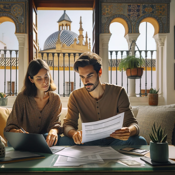 Una pareja de unos 33 años, vestidos de forma casual y moderna, está sentada en el salón de su casa, que muestra una decoración moderna y cálida con toques característicos de Sevilla, como azulejos andaluces y una vista parcial de la Giralda a través de una ventana. Están concentrados revisando documentos, que incluyen presupuestos y precios del Seguro de Decesos. Hay una mesa de centro con los documentos esparcidos, y una computadora portátil abierta. La iluminación es suave y acogedora.