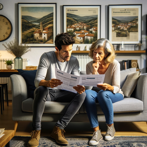 Una pareja de aproximadamente 33 años está sentada en el salón de su casa, revisando documentos que parecen ser presupuestos y precios de un seguro de decesos. La sala está decorada de manera acogedora y moderna, con muebles contemporáneos y detalles que sugieren una residencia en Soria, España, como fotografías de paisajes sorianos en las paredes o un mapa de la regiña. La pareja muestra expresiones de concentración mientras discuten los documentos. La imagen es horizontal.