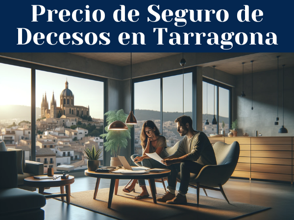 Una pareja de unos 33 años está sentada en el salón de su casa revisando presupuestos y precios de un Seguro de Decesos. La sala está decorada con estilo moderno y elegante, con muebles contemporáneos y una gran ventana que da a una vista panorámica de Tarragona, mostrando claramente el paisaje característico de la ciudad, como la Catedral de Tarragona en la distancia. La pareja se muestra concentrada en los documentos, con una laptop abierta y papeles esparcidos en la mesa de centro. La iluminación es cálida y acogedora, creando un ambiente tranquilo y hogareño.