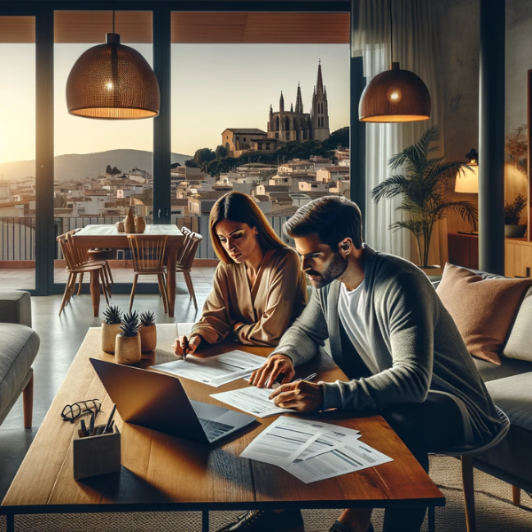 Una pareja de unos 33 años está sentada en el salón de su casa revisando presupuestos y precios de un Seguro de Decesos. La sala está decorada con estilo moderno y elegante, con muebles contemporáneos y una gran ventana que da a una vista panorámica de Tarragona, mostrando claramente el paisaje característico de la ciudad, como la Catedral de Tarragona en la distancia. La pareja se muestra concentrada en los documentos, con una laptop abierta y papeles esparcidos en la mesa de centro. La iluminación es cálida y acogedora, creando un ambiente tranquilo y hogareño.