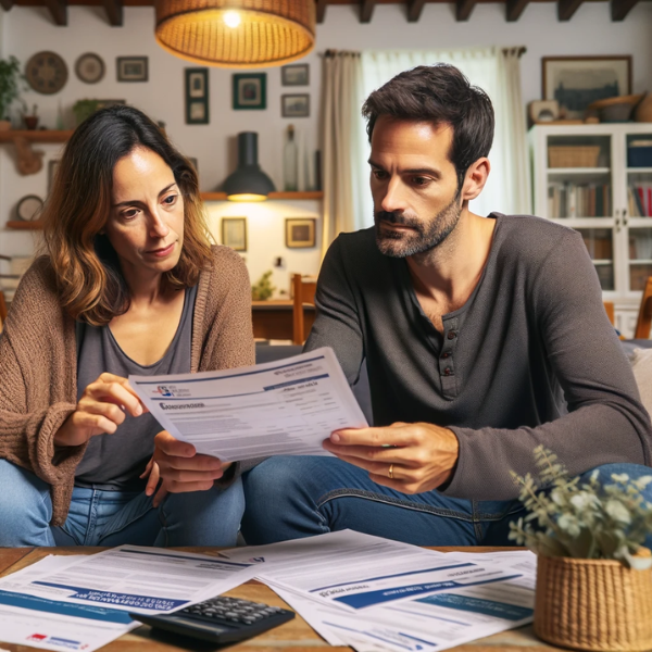 Una pareja de unos 33 años está sentada en el salón de su casa, revisando documentos que incluyen presupuestos y precios de un Seguro de Decesos. La escena se desarrolla en un entorno que sugiere que viven en Teruel, España, lo que se puede inferir por la decoración y los elementos típicos de la región en el interior de la casa. La pareja muestra una expresión de concentración y discusión seria. El salón está bien amueblado, con un estilo moderno pero acogedor.