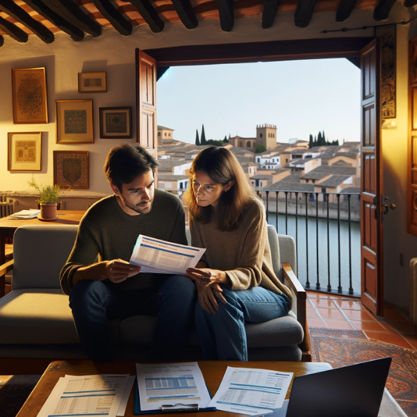 Imagen horizontal que muestra a un matrimonio, de unos 33 años, sentado en el salón de su casa. Están revisando documentos que parecen ser presupuestos y precios de seguros funerarios. La habitación parece una casa típica de Toledo, España, con elementos arquitectónicos españoles distintivos como vigas de madera vistas, baldosas de terracota y una vista del río Tajo a través de una ventana. La pareja está concentrada en los papeles, con un portátil abierto a su lado. El ambiente es cálido y hogareño, iluminado por la luz natural.